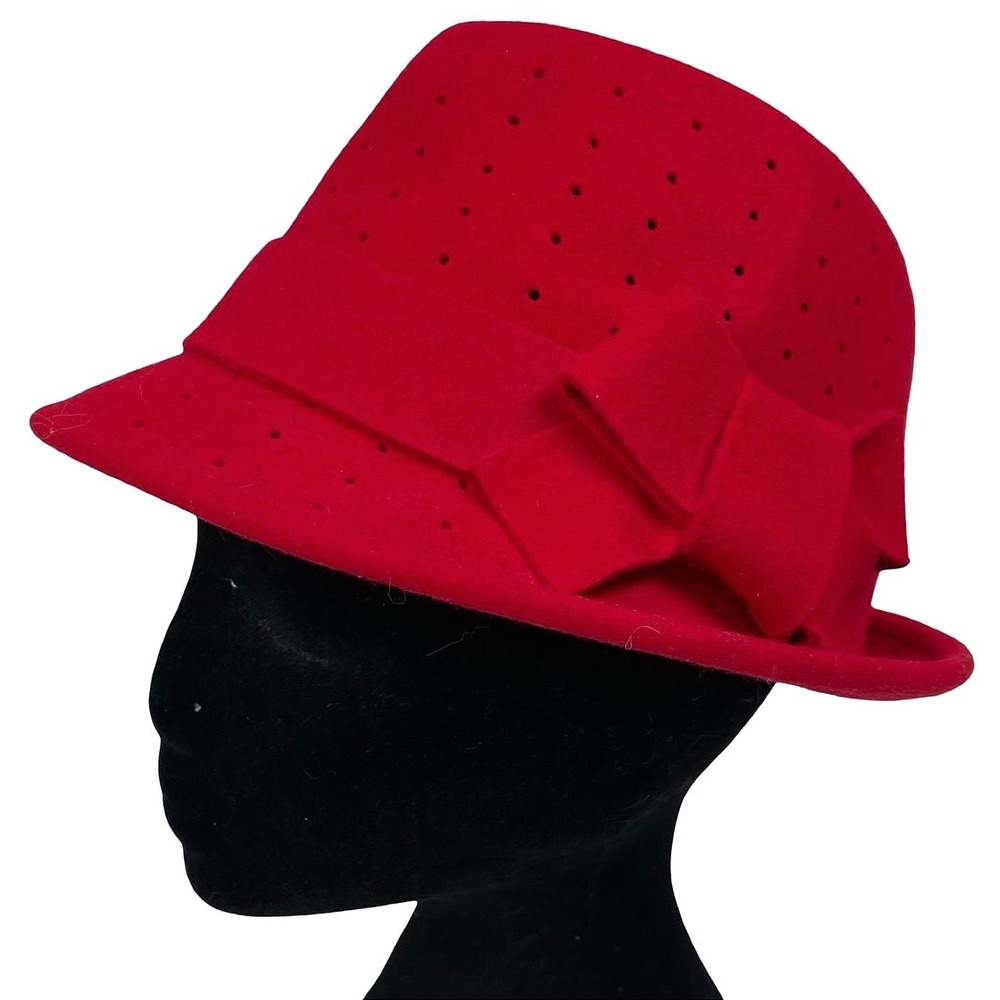 Midnight Velvet Cloche Fedora Hat Women Red Wool Perforated Bow Accent Retro